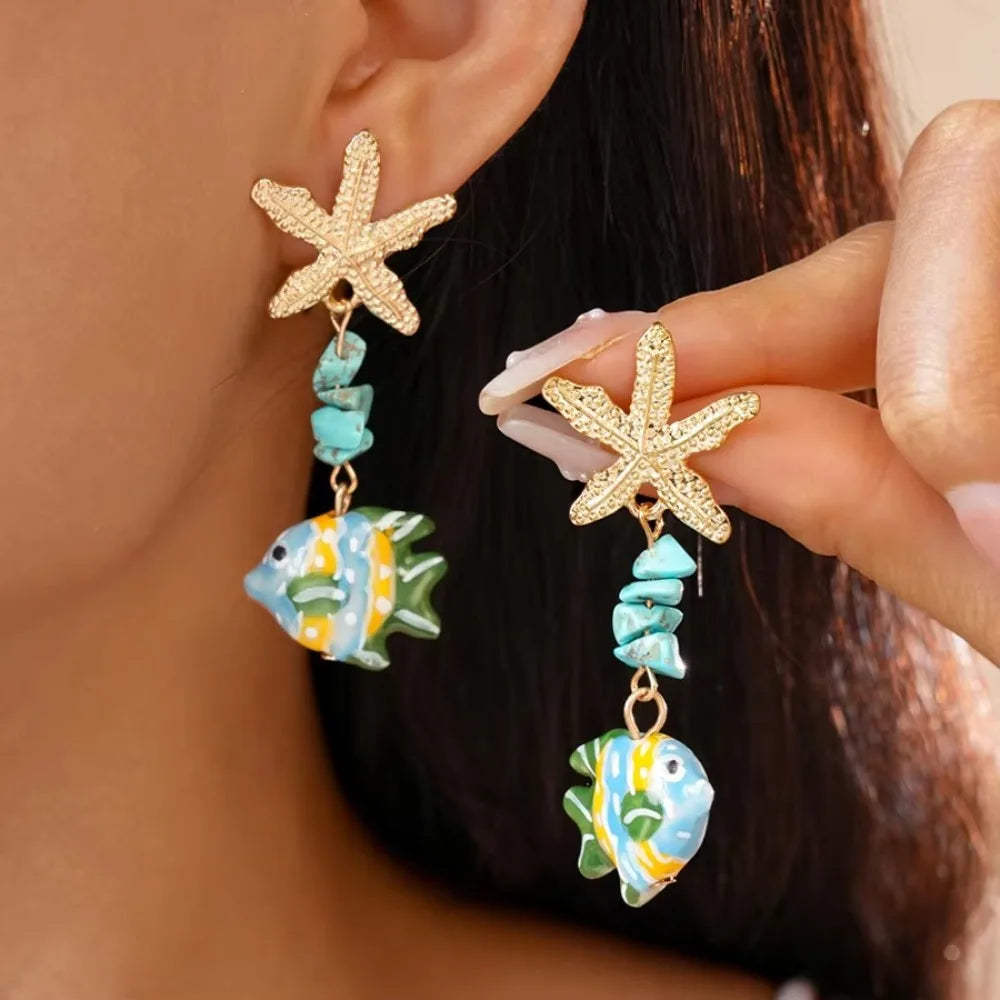 Funny Beaded Fish Drop Earrings Glass Ocean Style Starfish Stud Earrings Unique Glaze Summer Jewelry Gifts for Women Oasis Select Blue