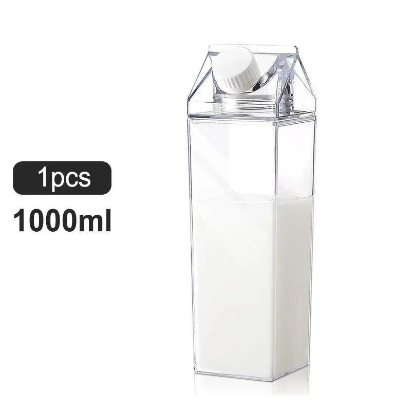1pcs Milk Carton Water Bottle Transparent Plastic Square Milk Orange Juice Tea Container Box Sport Cup for Sports Travel Camping Oasis Select black 500-1000ml