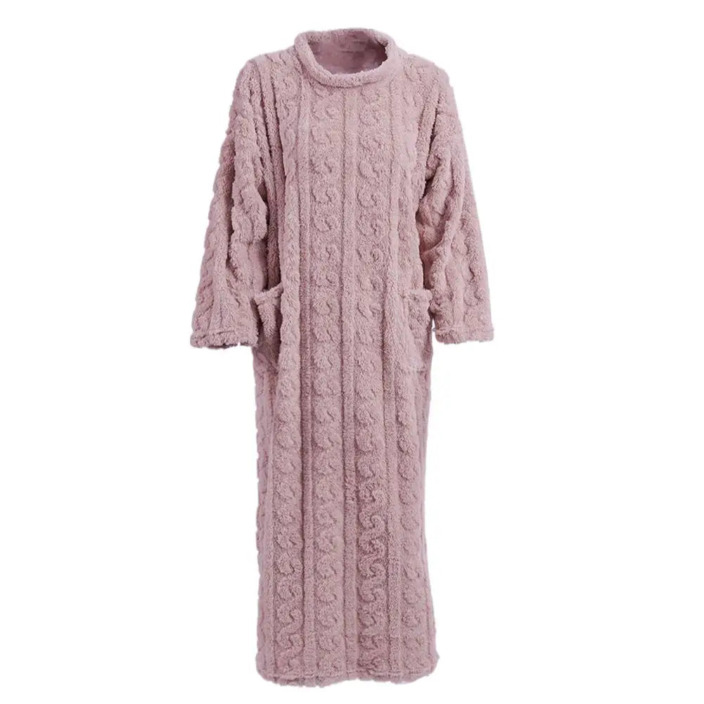 Winter Warm homewear Long Sleeve Double Pocket Flannel Nightgowns Women Loose Solid Sleepwear Jacquard Night Dress Thickened Oasis Select One size Gray
