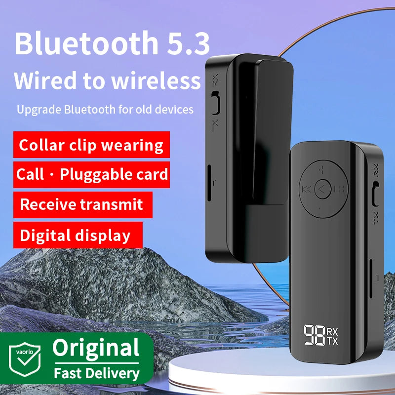 Bluetooth 5.3 Audio Transmitter Receiver 3.5MM AUX Support TF Card Play MIC Collar-Clip Wireless Adapter For Car Airplane TV PC Oasis Select