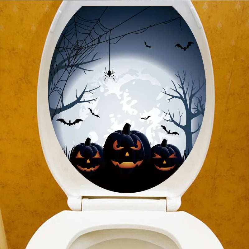Halloween Toilet Lid Sticker Scary Pumpkin Haunted House Bathroom Decoration Wall Decals Poster Party Decoration Self Adhesive Oasis Select