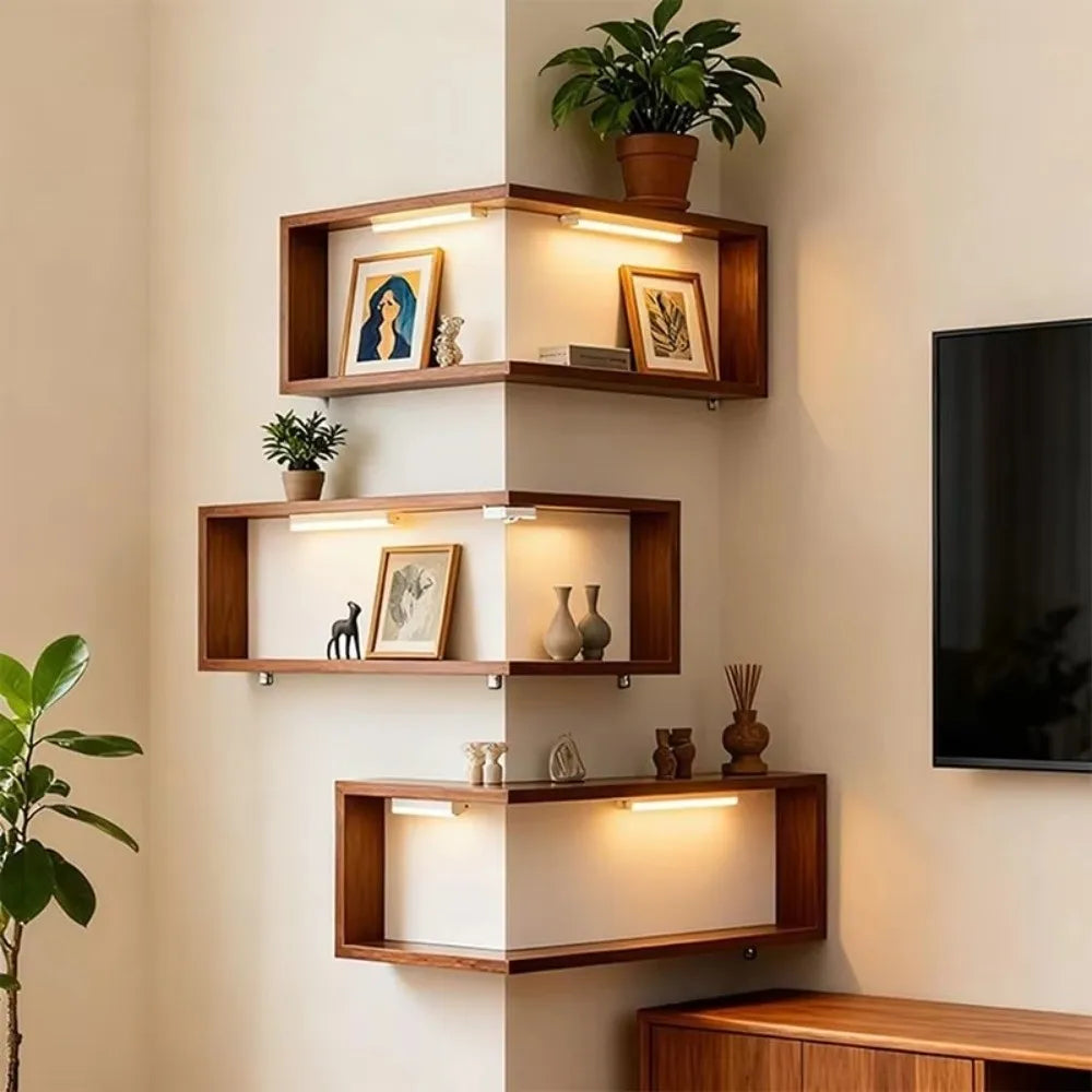 90° Corner Floating Wall Shelf – Bamboo Wood Display Storage