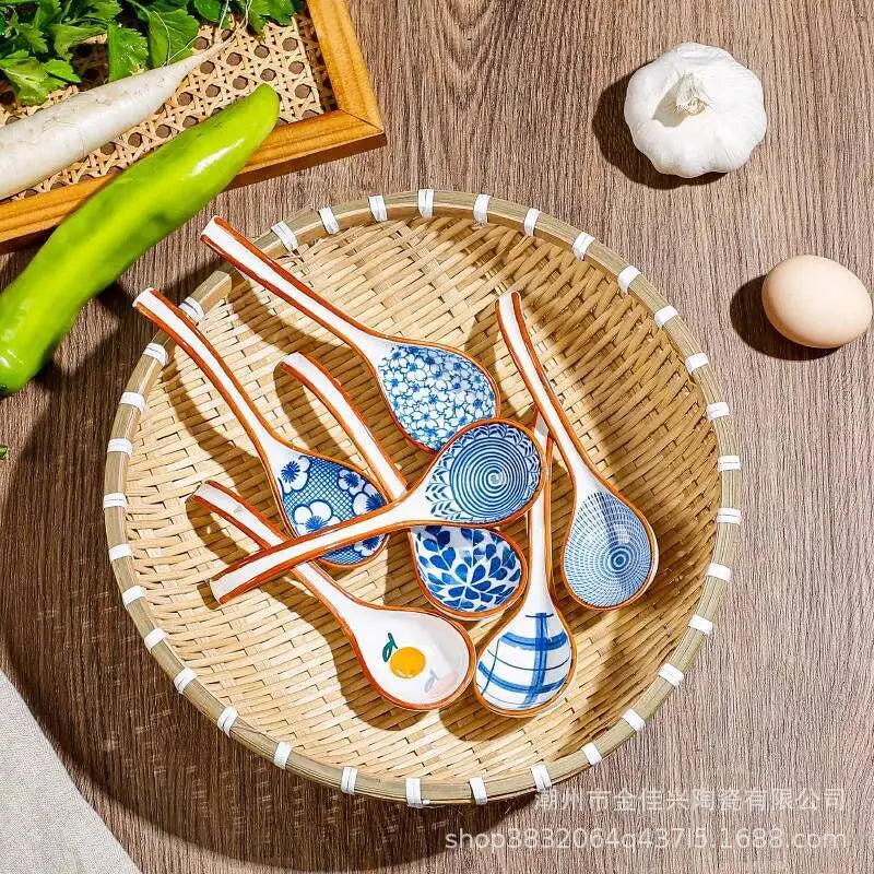 Japanese Underglaze Ceramic Soup Spoon, Everyday Ceramic Soup Spoon Ramen Long-handled Curved Spoon Tableware Oasis Select