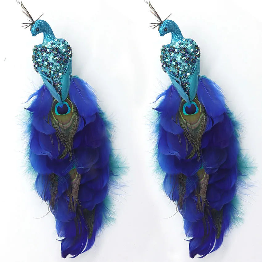 Glitter Blue Peacock Christmas Ornament with Real Tail Feather Christmas Ornament Oasis Select