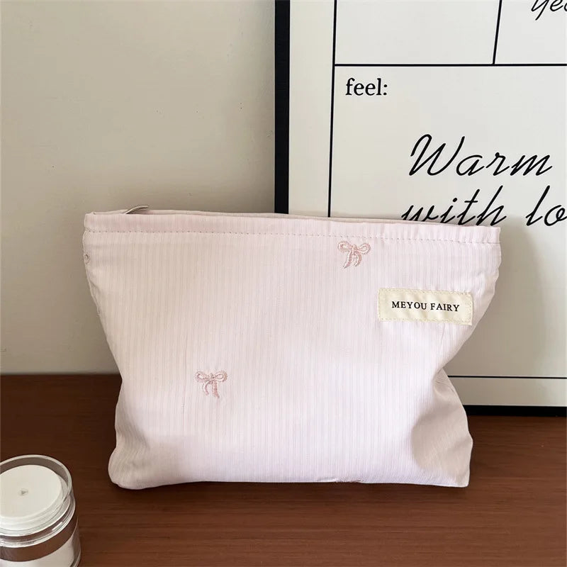 Fashion Women Bow Stripe Makeup Bag Portable Toiletry Lipsticks Cosmetic Storage Pouch Clutch Bag Ladies Organizer Handbag Oasis Select Pink B