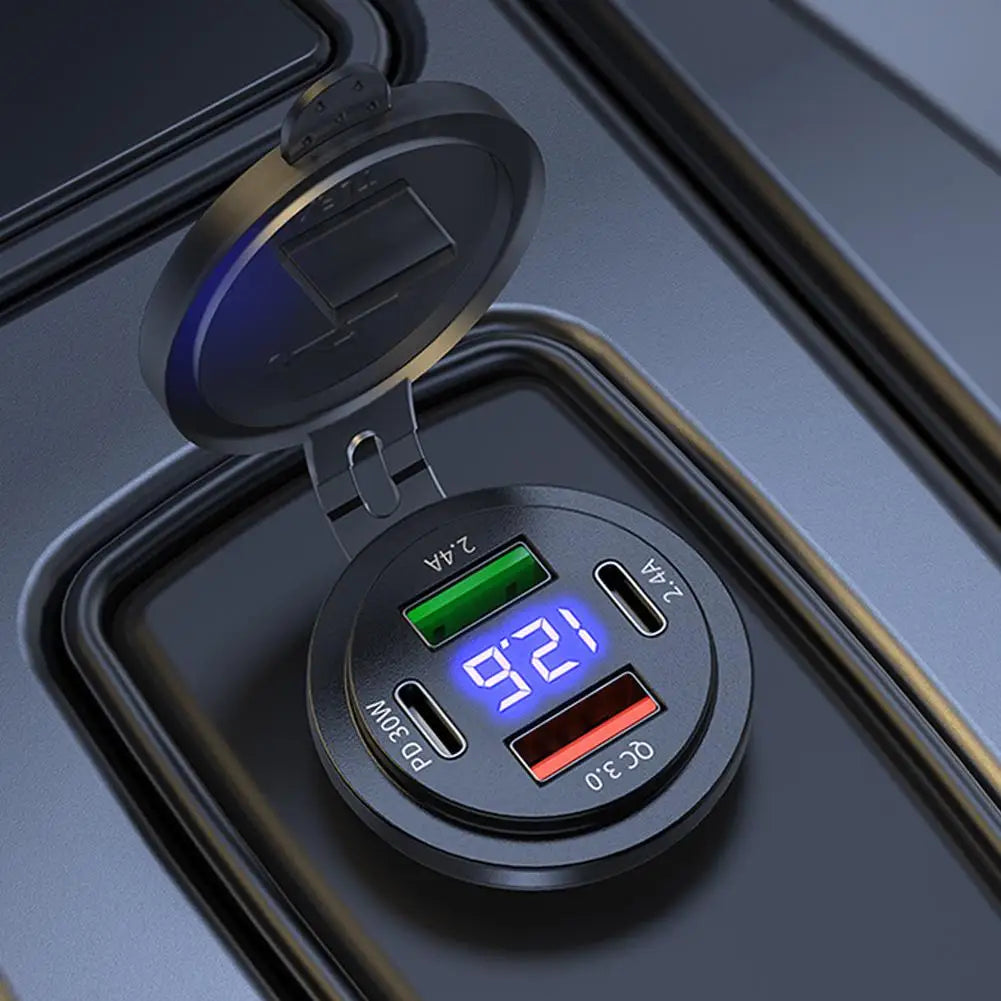4-Port USB Car Charger 30W PD QC3.0 Fast Charging LED Display Vehicle USB Charger Oasis Select