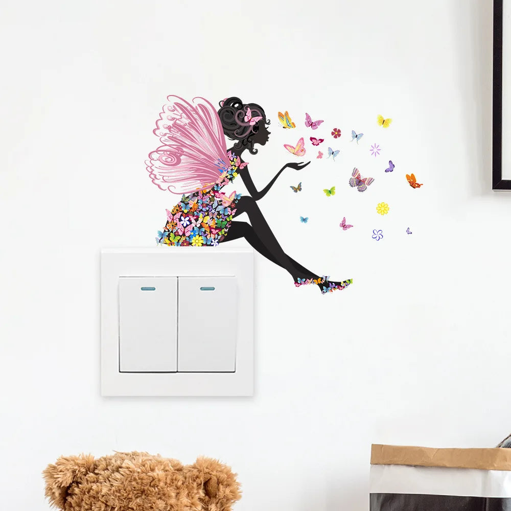 Butterfly Fairy Switch Stickers Cute Fairy Girl Wall Stickers Living Room Decorative Stickers Children's Room Decoration Oasis Select