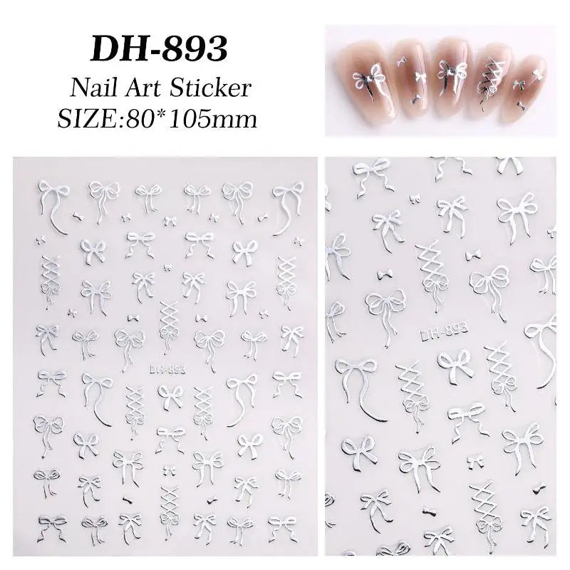 SUSU 1PC Bow Nail Art Stickers 3D Cute Red Pink Black Bowknot Nail Charms Foils Gold Laser Effect Bow Manicure Decor Oasis Select Silver