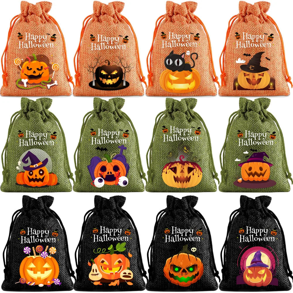 StoBag 12pcs Wholesale Halloween Linen Bag Gift Candy Packaging Drawstring Small Storage Kids Child Pouches Trick or Treat Party Oasis Select C-12PCS other