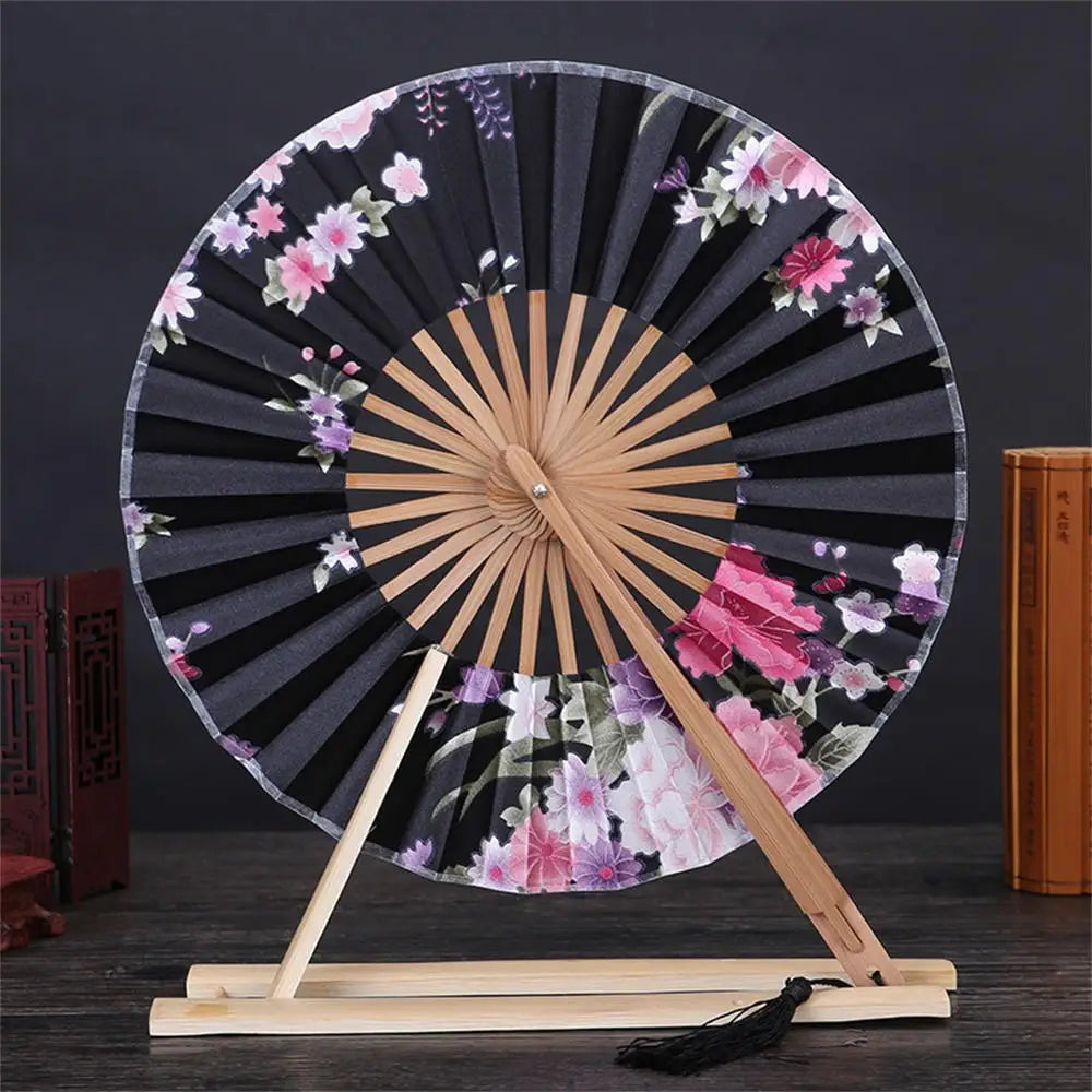 New Japanese Sakura Flower Pocket Folding Hand Fan Round Circle Party Decor Gift Bamboo Windmill Folding Fan Chinese Fans Oasis Select Black