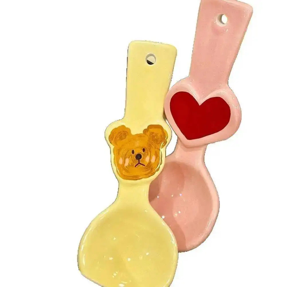 Cute Bear Heart-Shaped Ceramic Spoon Children's Rice Spoon Dessert Spoon Kitchen Tablewear Oasis Select