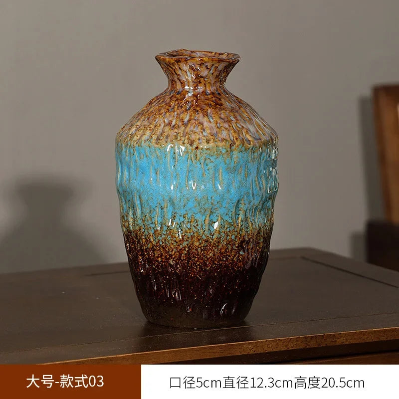 European Style Retro Style Ceramic Vase Living Room Advanced Sense Coarse Clay Pot Simple Dried Flower Arrangement Decoration Oasis Select 12.3cm x 20.5cm 3