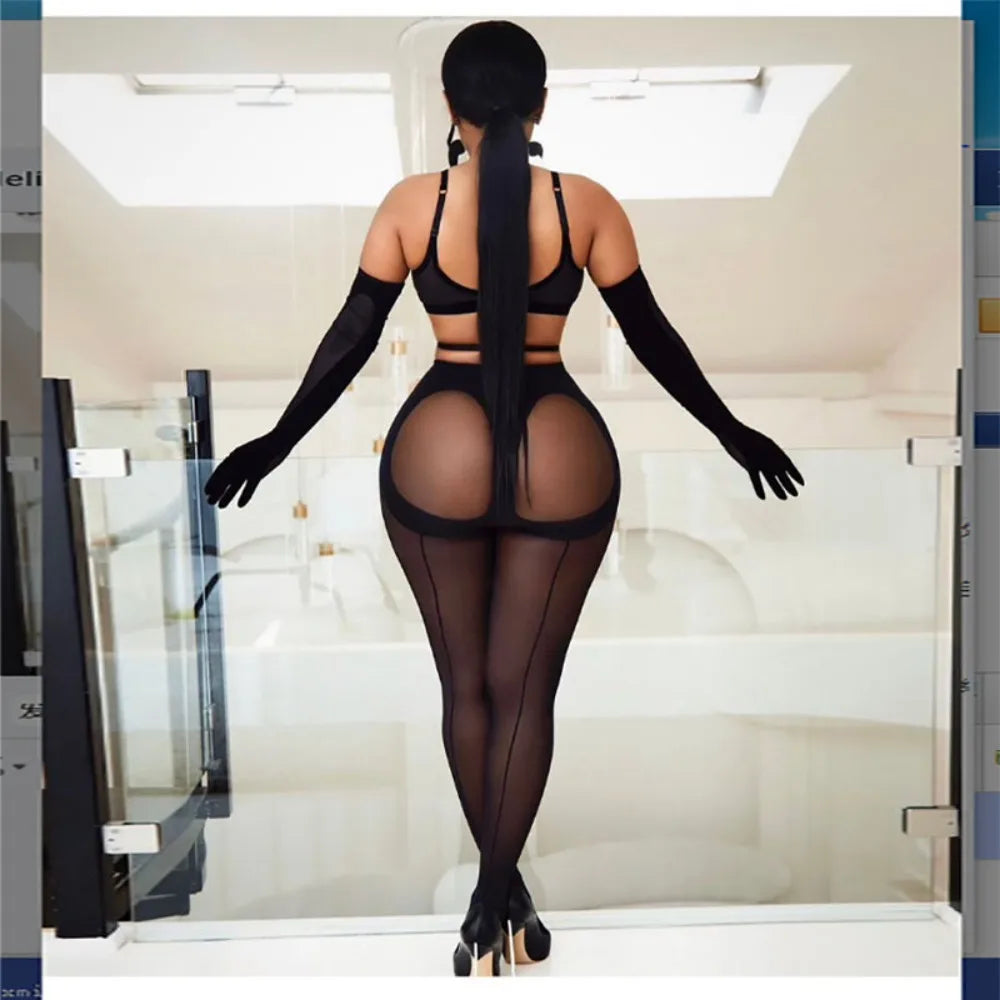 Fashion Personality High Pantyhose Asymmetry Hollow Out Female Stockings Leggings Perspective Vertical Line Tights Women Oasis Select 2 One Size