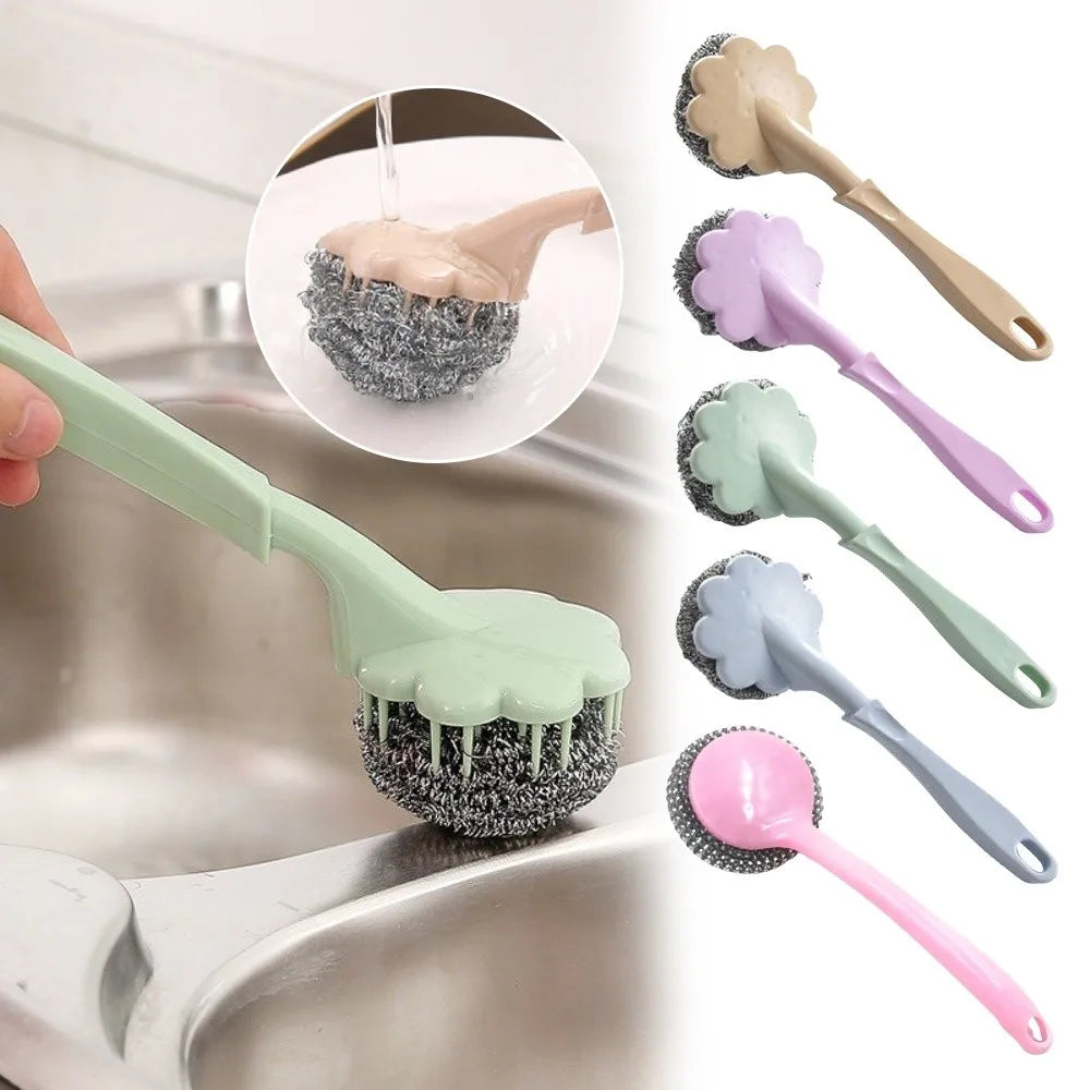 New Long Handle Cleaning Ball Oil Removal Non-stick Oil Steel Wire Ball Brush Multi-function Pot Washing Brush Kitchen Accessory Oasis Select