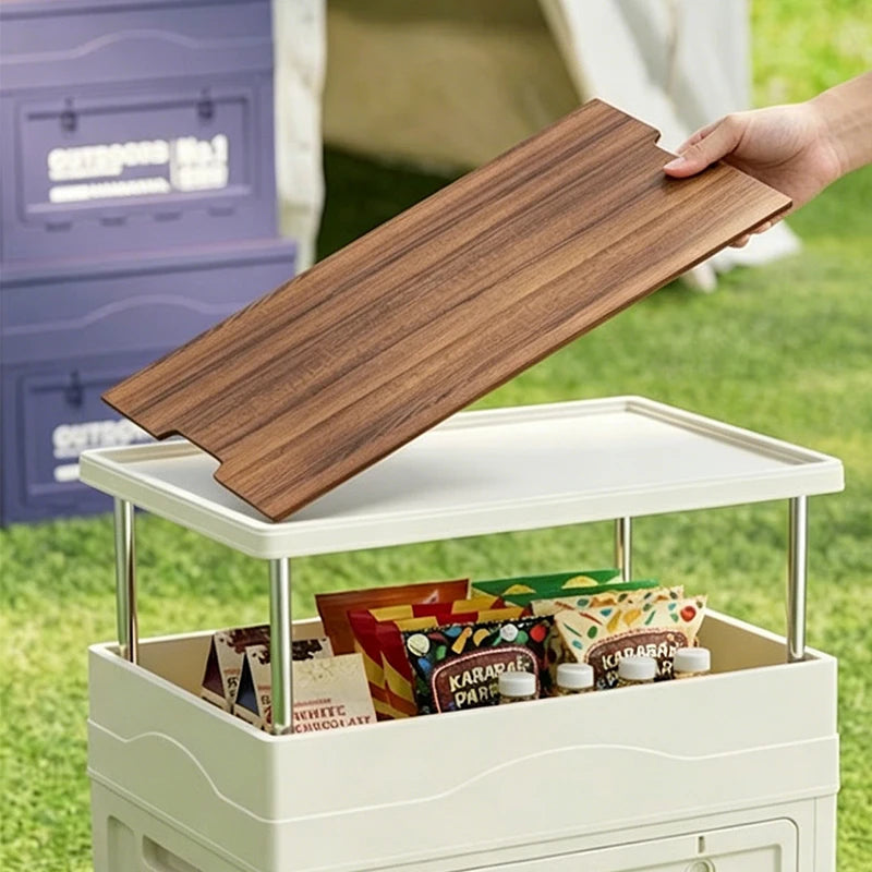 Large-capacity wooden cover foldable storage box for outdoor camping storage box table integrated vehicle camping trunk Oasis Select