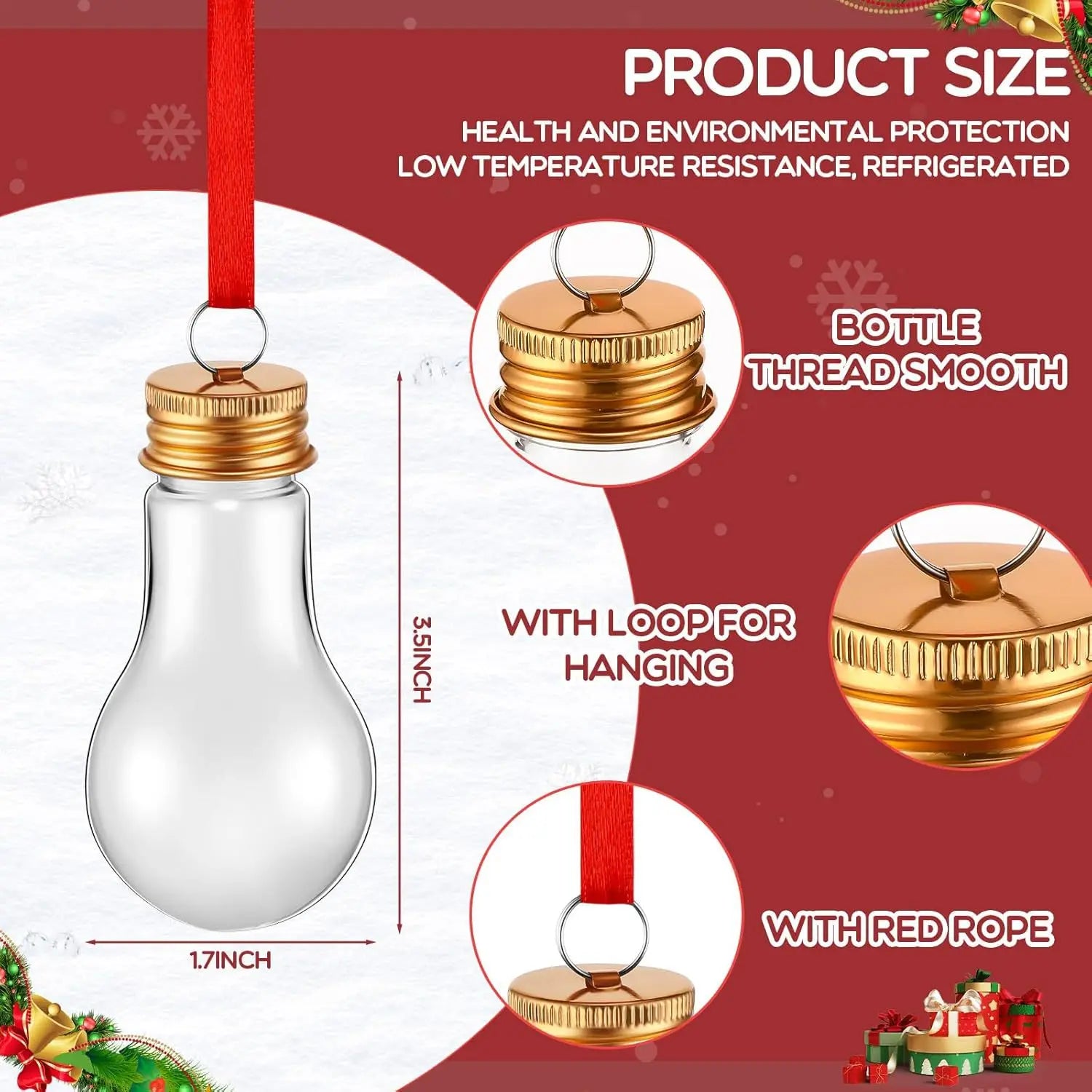 50ml Fillable Transparent Light Bulb Bottle With red rope Christmas Decoration Atmosphere Transparent PET Material Juice Bottle Oasis Select