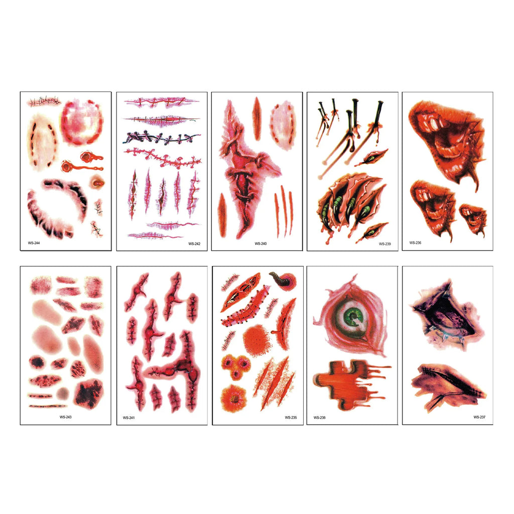 Halloween Wound Scar Tattoo Stickers – 10 Sheets, 120+ Designs Temporary Tattoo Stickers Oasis Select Red