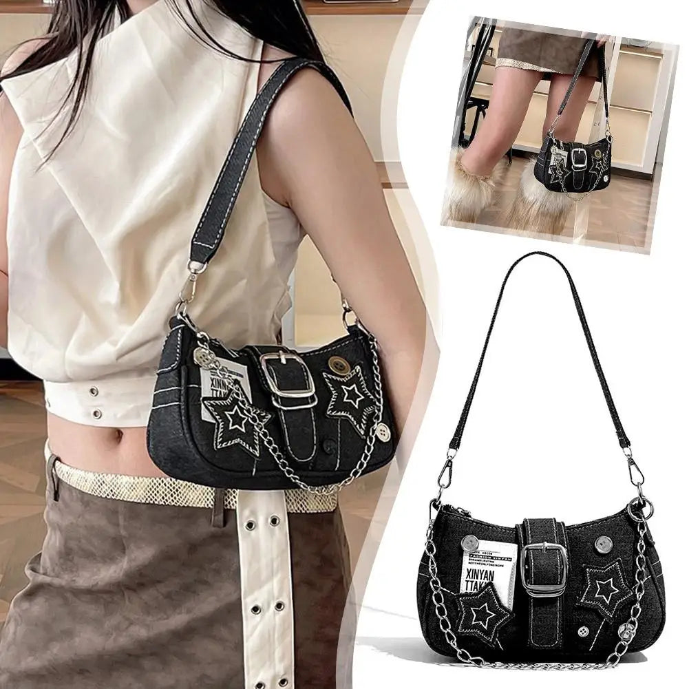 Y2K Canvas Star Pattern Women's Shoulder Bag | Chain Tote