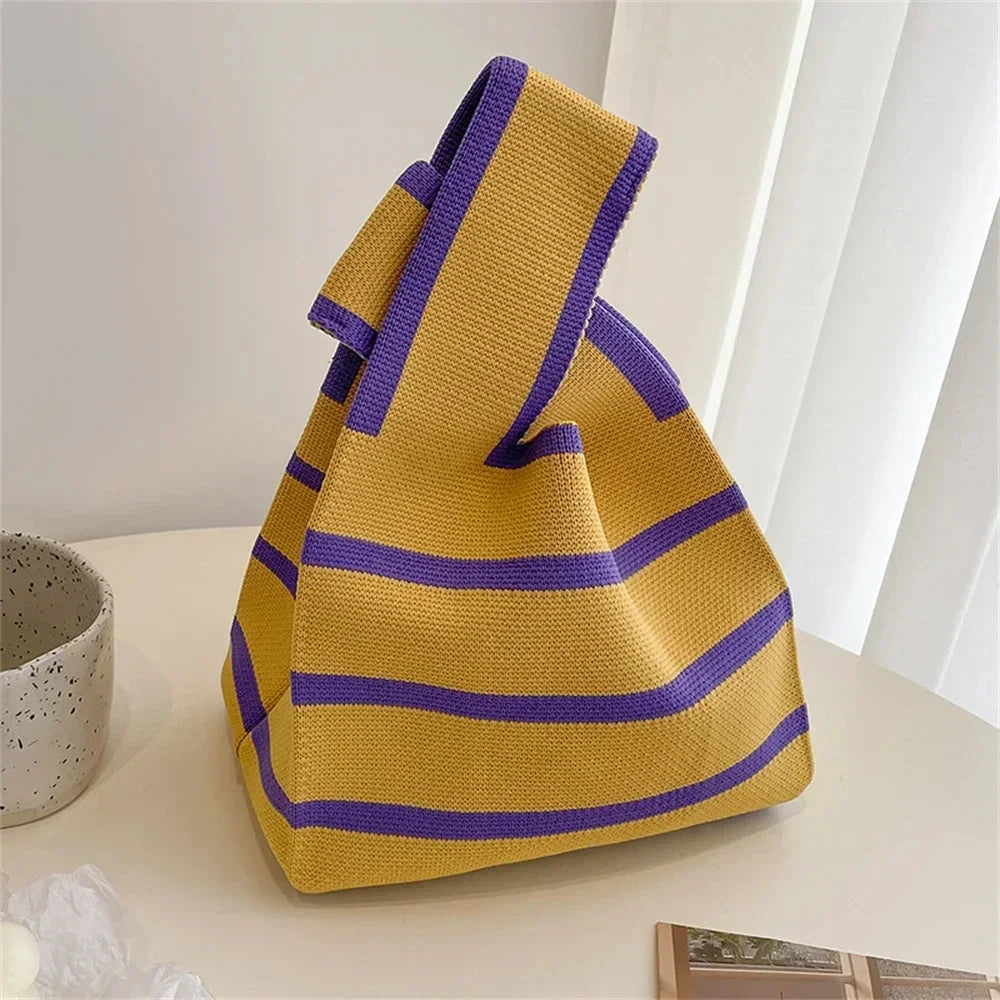 Women Handmade Knitted Small Handbag Casual Wrist Bag Wide Stripe Stripe Shopper Mini Tote Student Reusable Shoulder Bag Oasis Select YELLOW