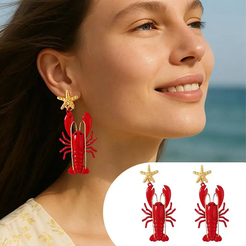 Creative Long Whisker Painted Lobster Earrings Cartoon Ocean Style Animal Dangles Unique Red Summer Jewelry Gifts for Women Oasis Select
