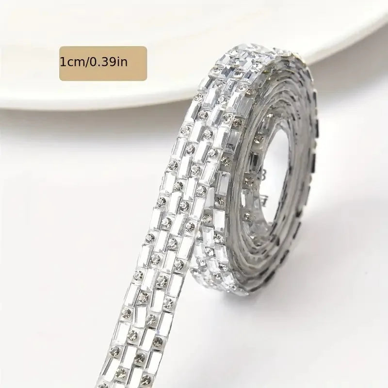 1Yard Glitter White Crystal Rhinestone Tape Trim Self-Adhesive Glass Appliques Diamond Sticker for Dress Shoe Adornment Ribbon Oasis Select A-10MM