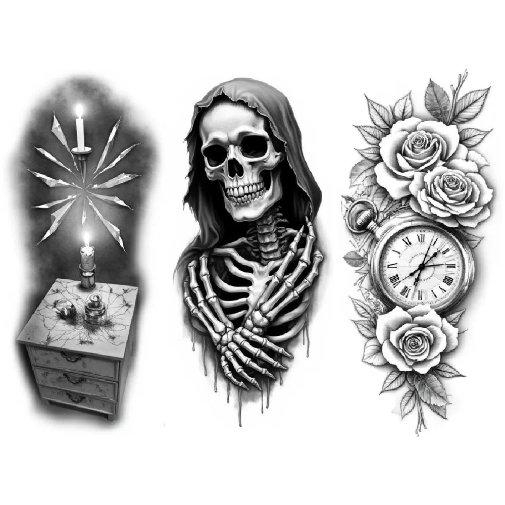 3-Pack Black & Grey Realism Temporary Tattoos – Roses & Skeleton