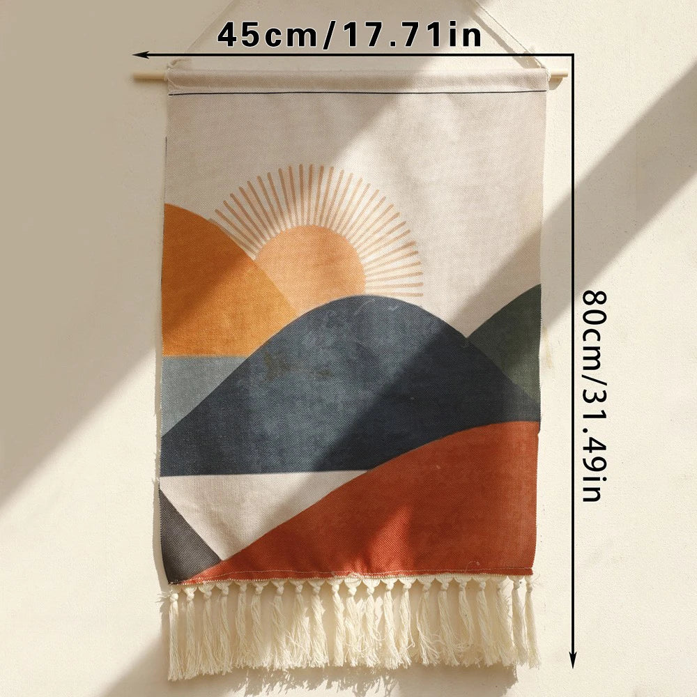 Hand-woven Sunrise and Sunset Print Tassel Tapestry Simple Studio Bedroom Living Room Background Hanging Cloth Oasis Select