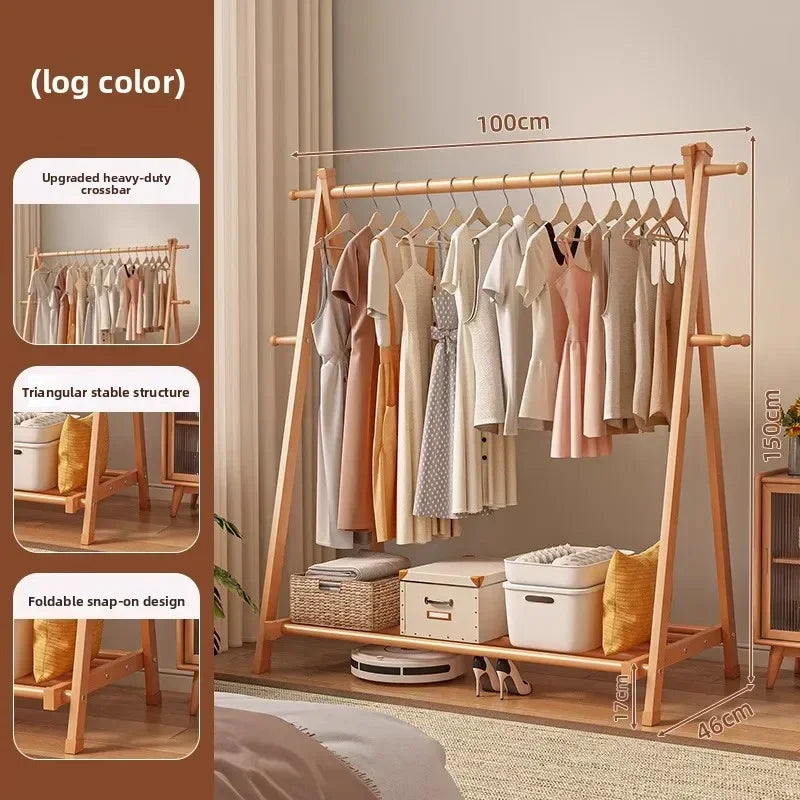 Solid wood coat rack household hanger floor-to-ceiling bedroom balcony drying clothes storage rack hanging bag rack Oasis Select Log color-100cm