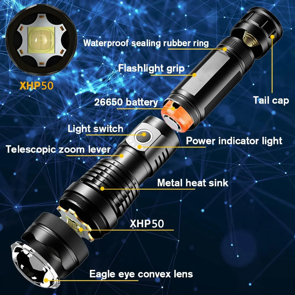Rechargeable Long Range Tactical Torch Waterproof Outdoort Emergency Camping Lantern High Power LED Flashlight Oasis Select