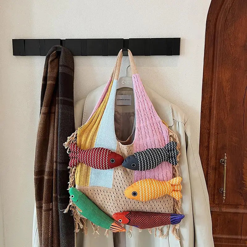 Cute Fish Relaxed Tassel Knitted Bag Splicing Shoulder Bag Little Fish Tote Bag Versatile Casual Commuter Handbag For Girls Gift Oasis Select A9