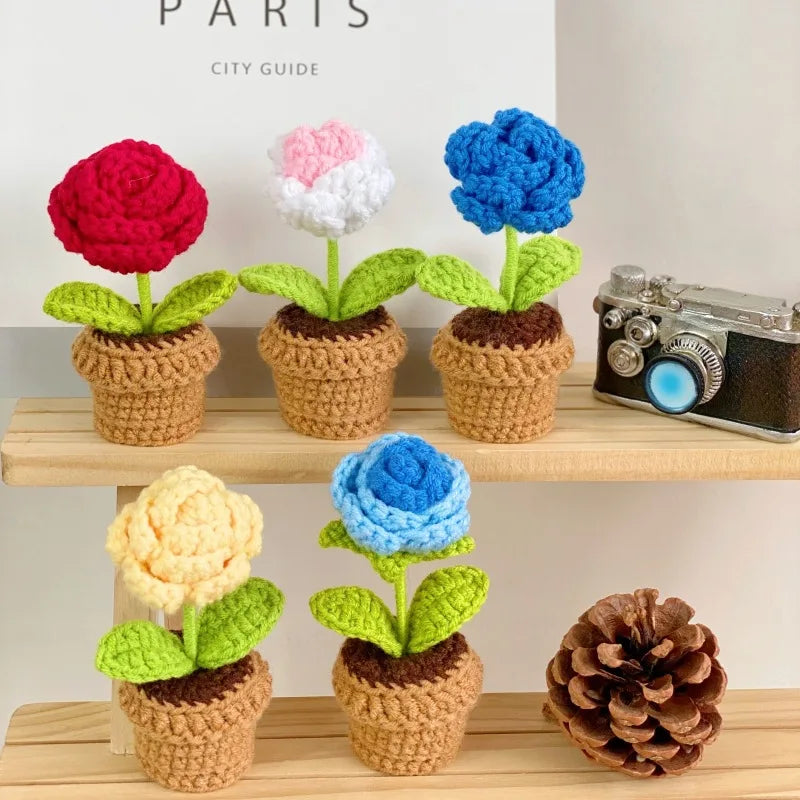 Handmade Knitted Flower Pot Red Heart Shaped Knit Imitation Potted Plant for Mother's Day Gifts Home Desktop Decor Oasis Select