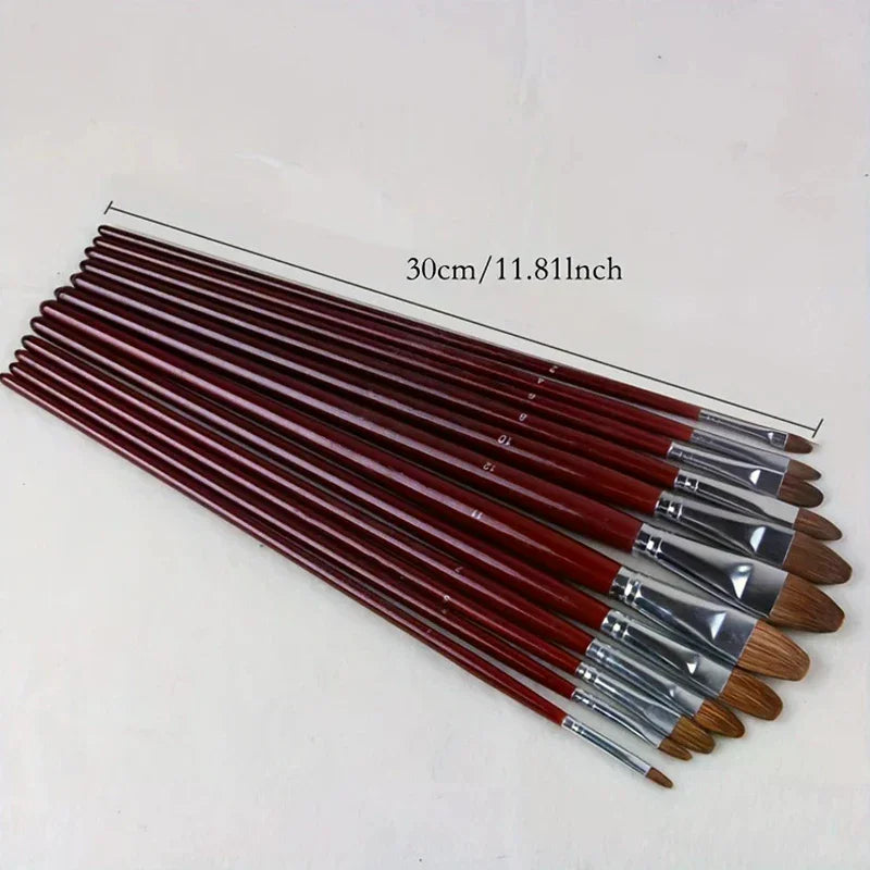 12pcs/Set High-grade Weasel Hair Oil Painting Brush Hazel Shap Row Pen Long Birch Rod Acrylic Drawing Art Supplies Artist Supply Oasis Select