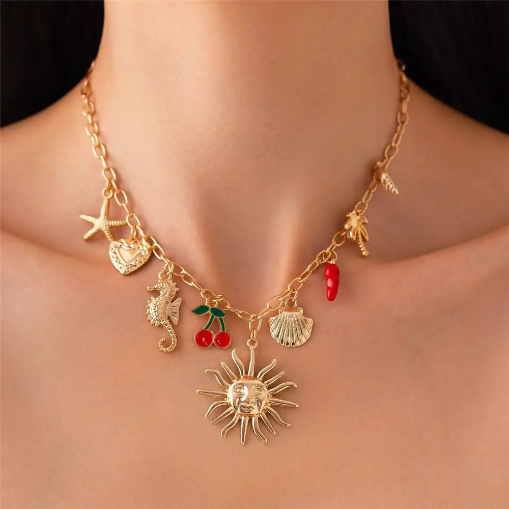 Trendy Vintage Enamel Necklace Alloy Summer Cherry Necklace Ocean Style Fashion Jewelry Gift for Women Oasis Select