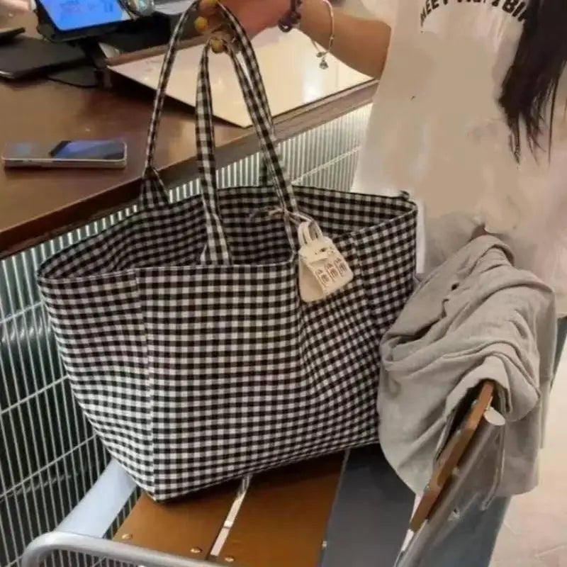 Canvas Tote Bag For Women Large Capacity Striped Plaid Polka Dot Shoulder Bag Reusable Shopping Handbag For Work Travel Beach Oasis Select A3
