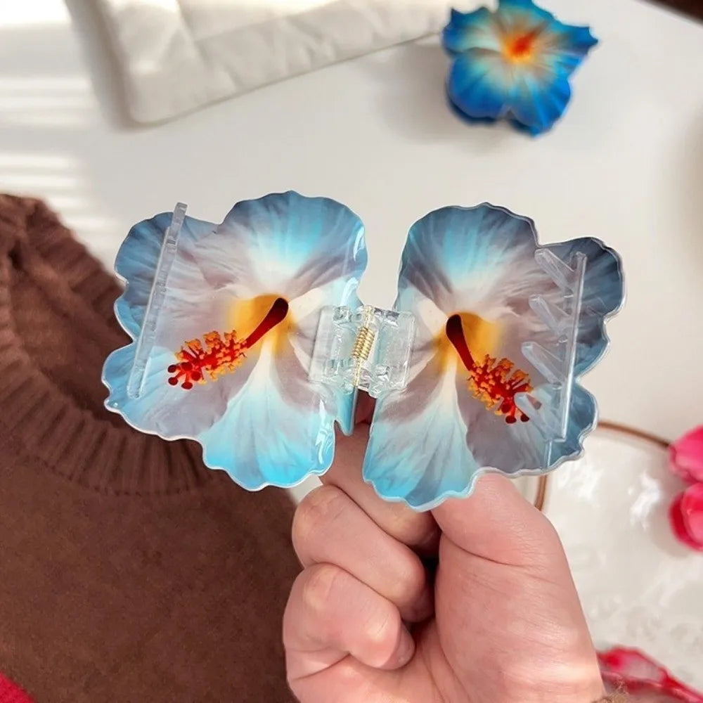 Double-sided Printing Hibiscus Flower Hair Claw Exquisite Design Lifelike Flowers Acrylic Claw Clip Romantic Style Oasis Select