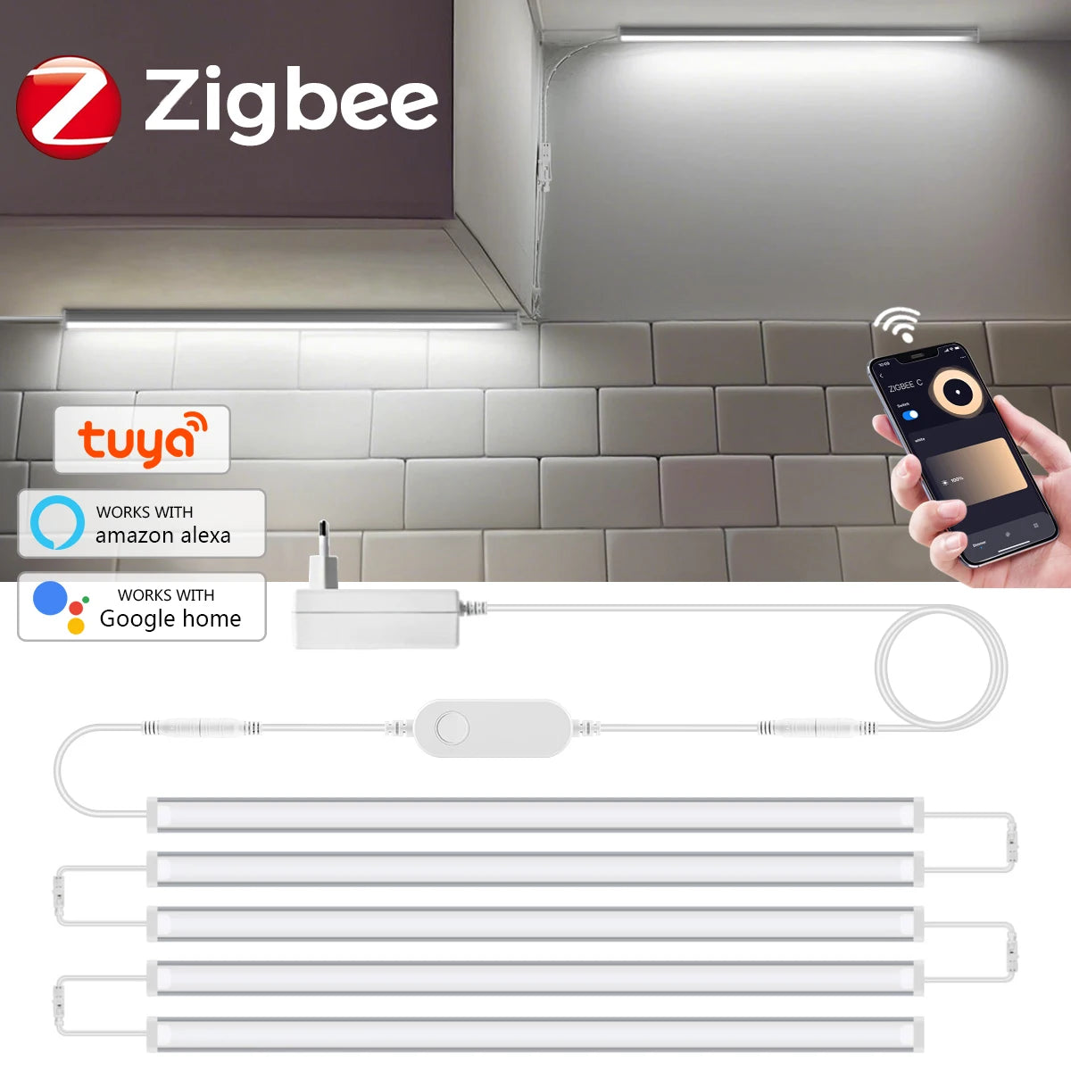 Tuya Zigbee LED Cabinet Light Bar Kit-WiFi Dimmable Aluminium Tube for Kitchen Closet Voice Control Compatible with Google Alexa Oasis Select