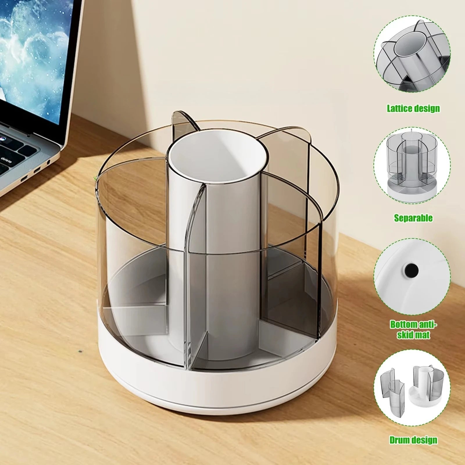 360° Rotating Pencil Organizer Large Capacity Round Desktop Storage Holder with 6 Compartments Cosmetic Brush Organizer Oasis Select White