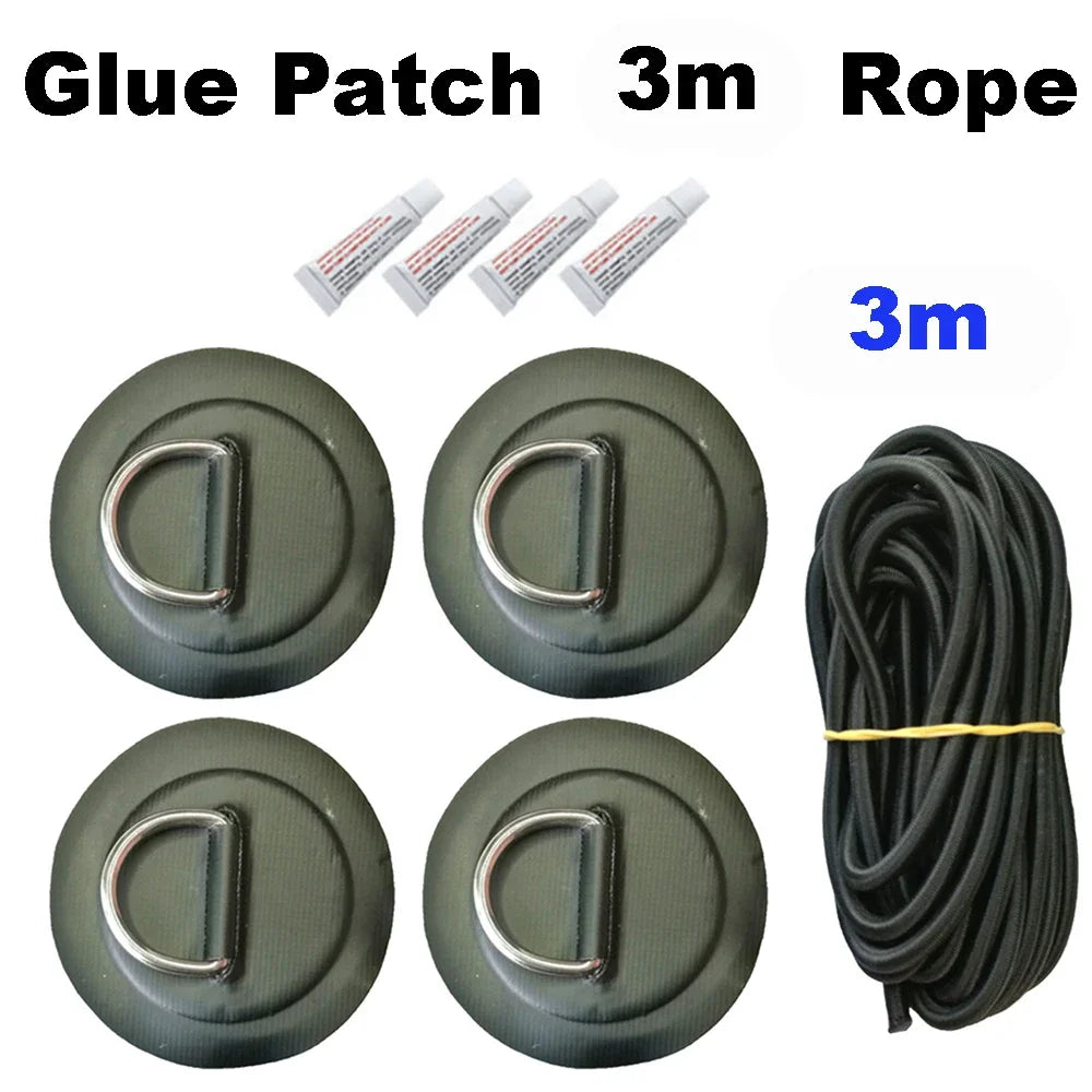 Surfboard Dinghy Boat PVC Patch With Stainless Steel D Ring Deck Rigging Sup Round Ring Pad 5M Elastic Bungee Rope Kit Oasis Select 4 Black 4G 3M Rope