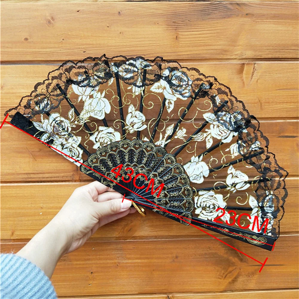 23 Colors Lace OR Cloth Spanish Fabric Silk Folding Hand Held Dance Fan Flower Party Wedding Prom Dancing Summer Fan Accessories Oasis Select