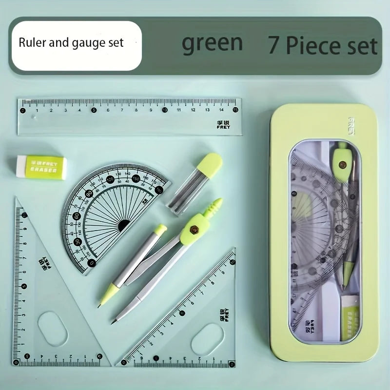 1-set Durable 7-in-1 Measuring and Drawing Tool Set, Including Compass, Protractor, Ruler, and Eraser Oasis Select green