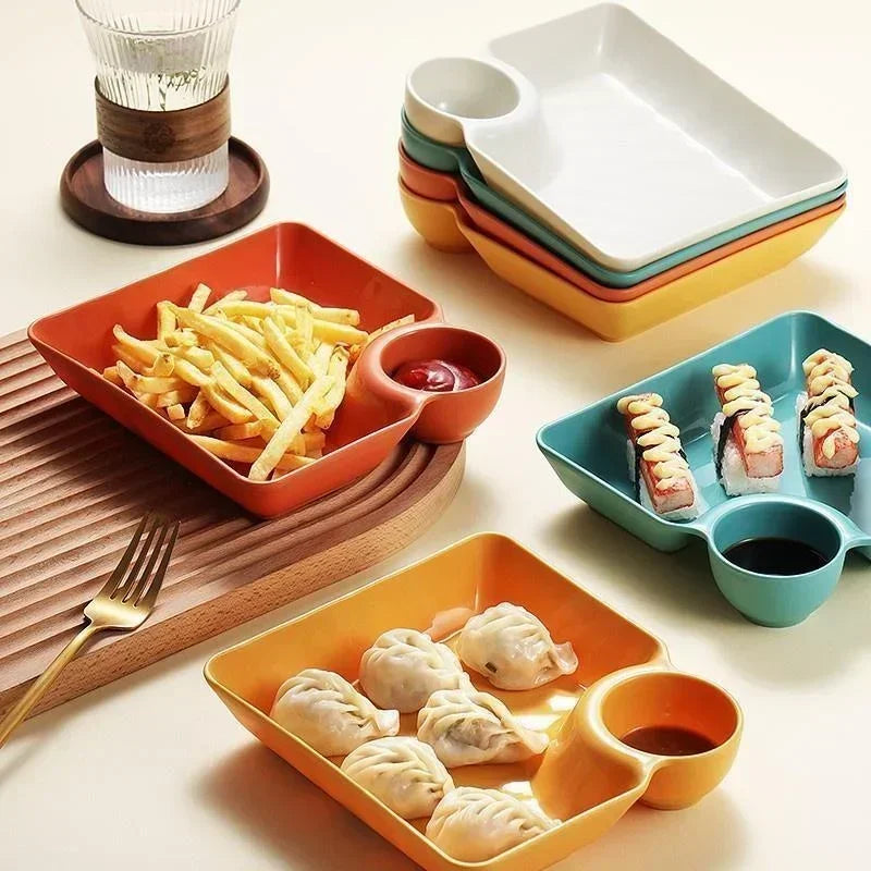 4pcs Easter Themed Chips & Dip Plates, Plastic Dumpling Serving Platter with Dipping Cup, Divided Snack Dishes for Appetizer Oasis Select