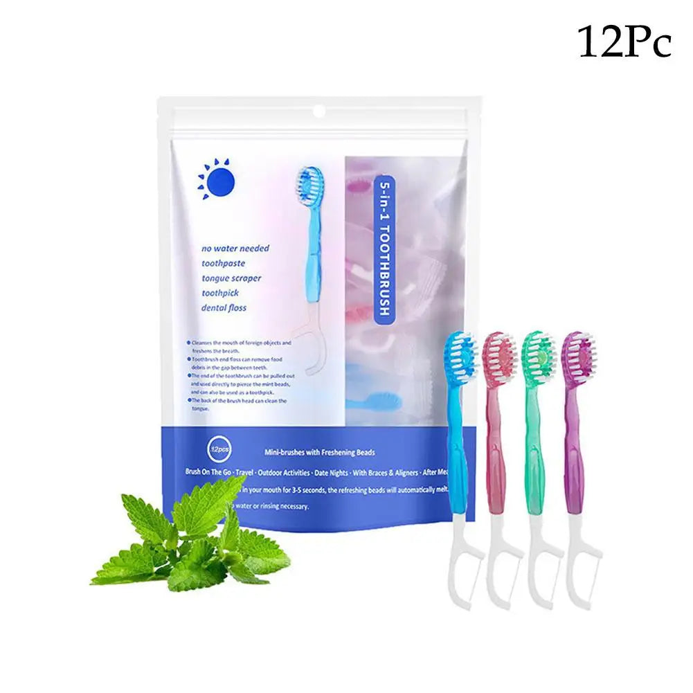 5-in-1 Disposable Toothbrush with Toothpaste Set, Mini Travel Toothbrush Soft Bristles, Dental Floss, Toothpick & Tongue Scraper Oasis Select 12pcs