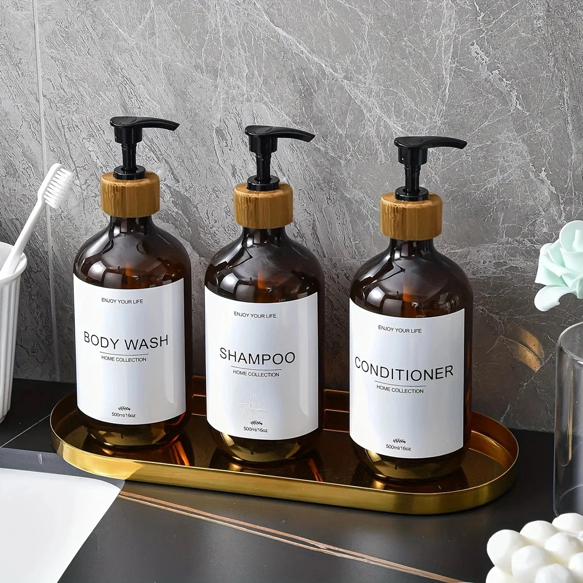 Bathroom Shampoo Dispenser Set 500ml Conditioner Body Wash Bottles Refillable Dispenser Farmhouse Decoration Storage Bottles Oasis Select