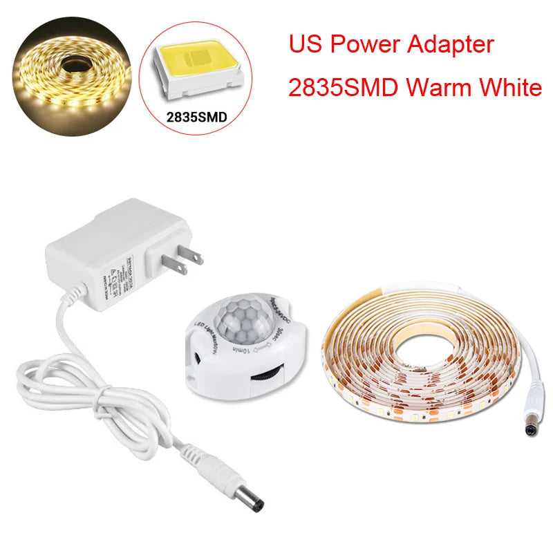 1-5M PIR Motion Sensor Strip Lights DC12V Waterproof LED Under Cabinet Lamp For Bedroom Kitchen Closet Stairs Bedside Nightlight Oasis Select US Set Warm White 1M