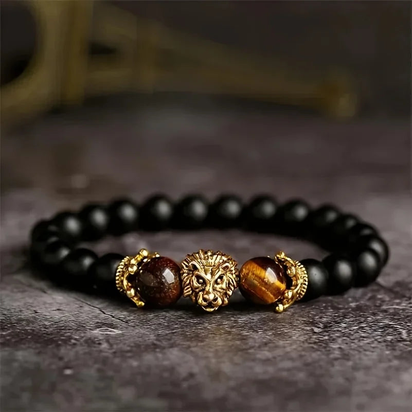 Vintage Tiger Eye Bracelet 1pc Stone Yellow Tiger Eye Black Round Bead Elastic Bracelet Jewelry Gift Oasis Select