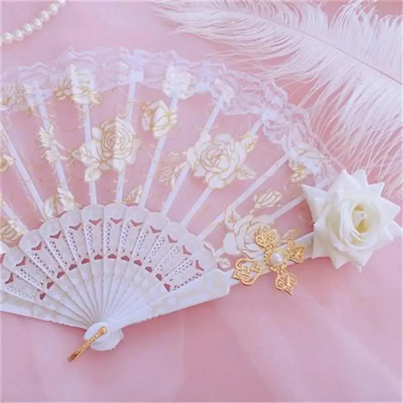 Lolita Gothic Fan Victorian Female Lace Hand Fan Vintage Black White Red Rose Bamboo Fans Cosplay Halloween Party Supplies Oasis Select
