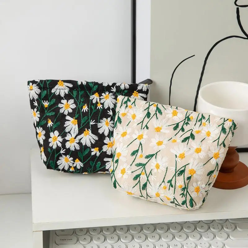 Floral Embroidery Women Cosmetic Bag Canvas Zipper Make Up Bag Travel Washing Makeup Organizer Sanitary Napkin Pouch Storage Oasis Select