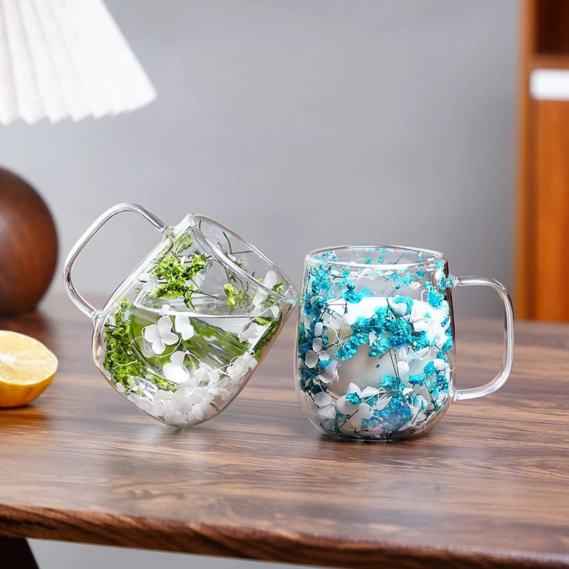 250ml Double-Walled Glass Cup with Handle High Borosilicate Reusable Coffee Mug, Built-In Floral Design for Hot & Cold Beverages Oasis Select