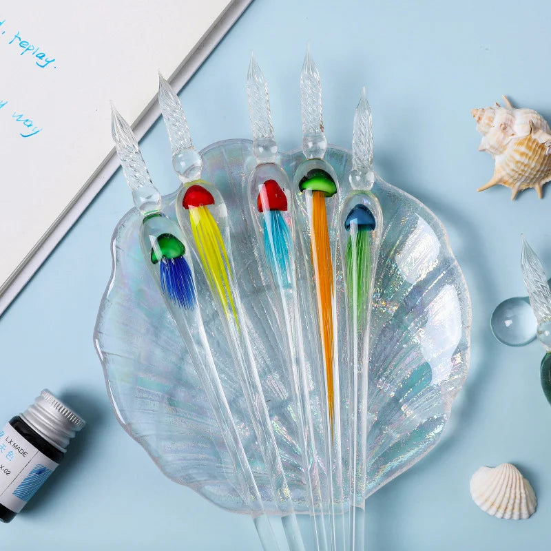 Jellyfish Dip Pen Three-Piece Glass Pen Set Sign Pen Crystal Student Glass Pen Stationery Gift Pen Oasis Select