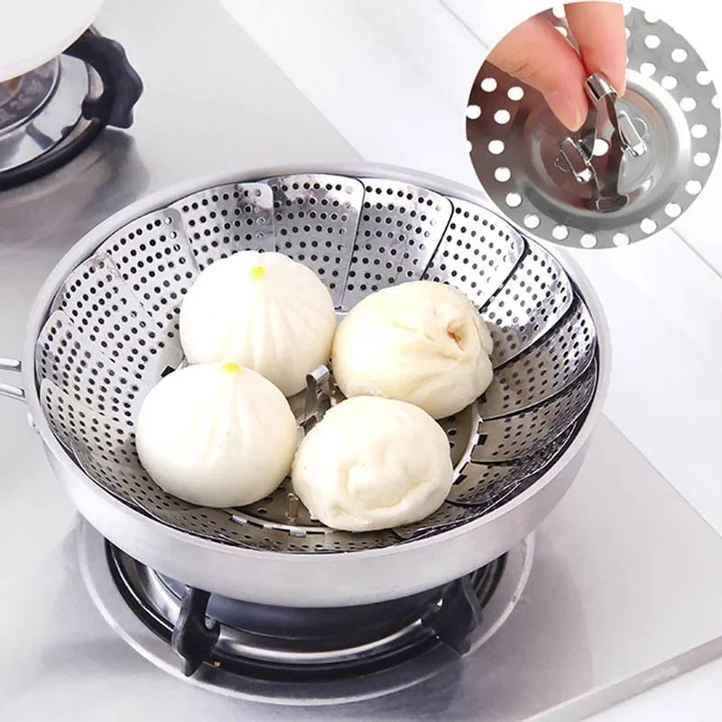 Silver Stainless Steel Retractable Folding Steamer Plate Multifunctional Food Steamer Vegetable Fruit Basket Oasis Select
